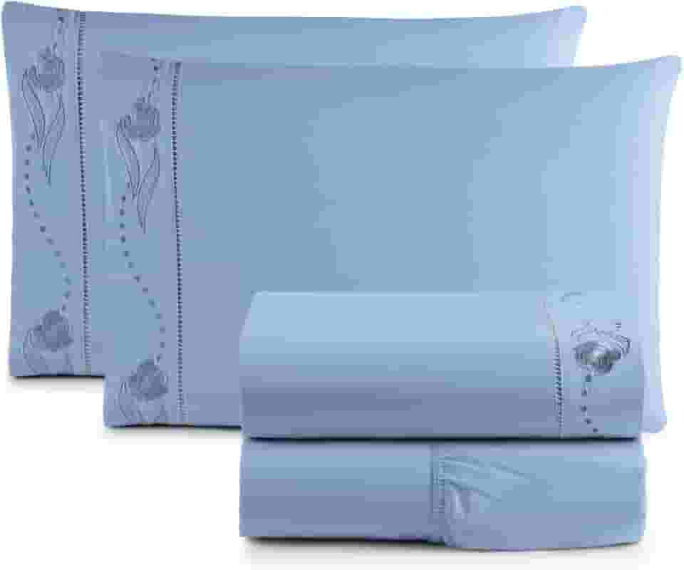 Jogo de Cama Lençol Queen Bordado Imperial Realeza 4 Peças 200 Fios Percal 100% Algodão (AZUL)