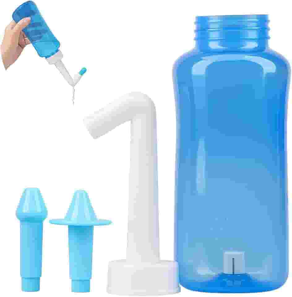 Garrafa De Lavagem do Nariz, Irrigador com 2 Bicos, 300ml, Válvula de Controle, Tratamento de Sinusite, Rinite e Alergias