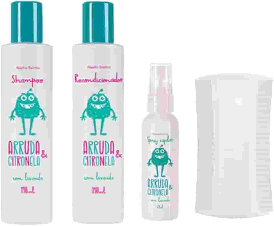 Kit Mata Piolho e Lêndeas,Arruda e Citronela Shampoo, Condicionador, Spray Abelha Rainha e Pente fino