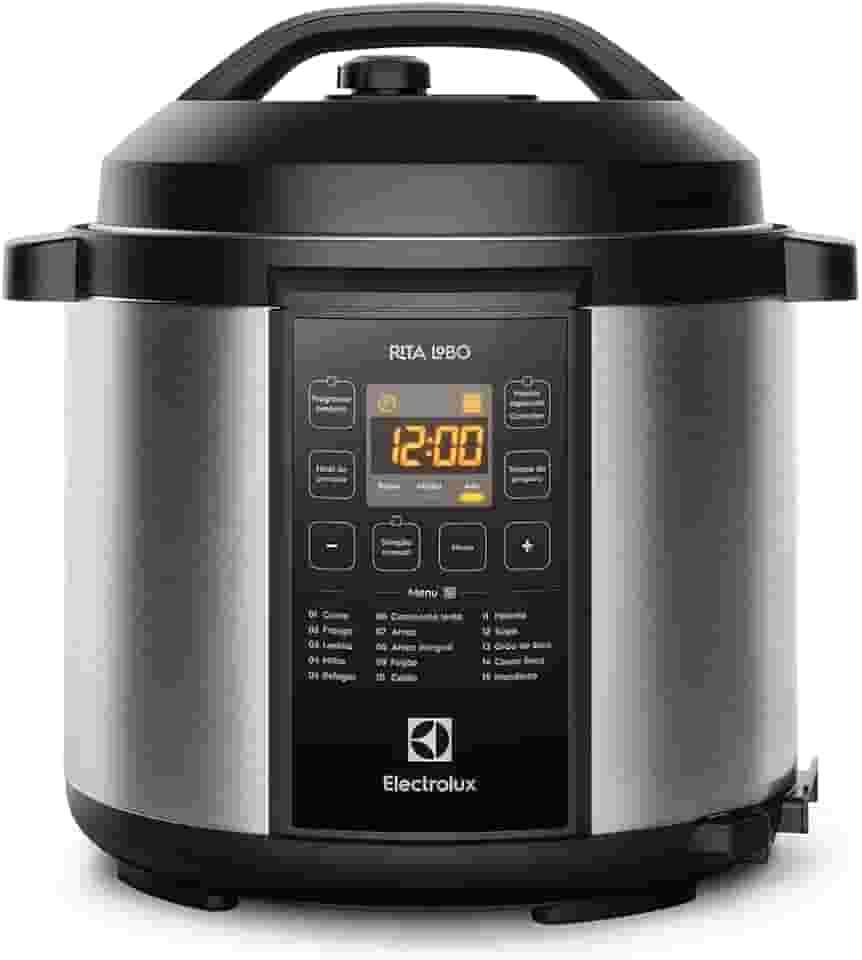 Panela pressão elétrica Electrolux digital capacidade 6L silenciosa segura 10 travas segurança 15 receitas pré-programadas 3 níveis pressão PCC20 inox preto 127v por Rita Lobo