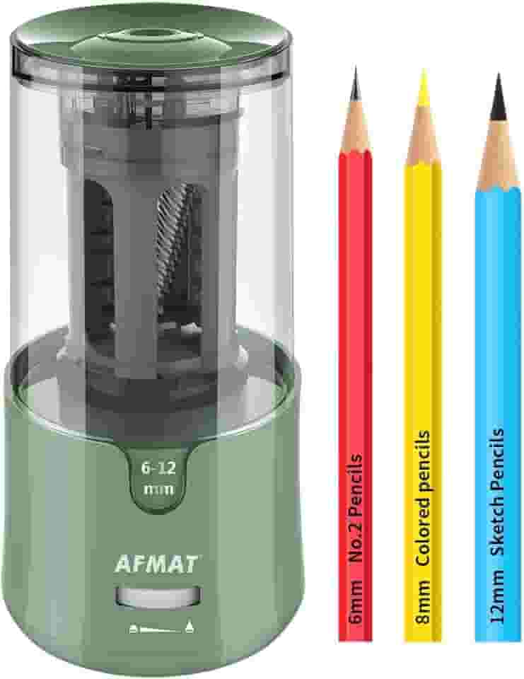 AFMAT Apontador de lápis elétrico - parada automática, super afiada e rápida, apontador elétrico de lápis, plugue para lápis de cor nº 2 de 6 a 12 mm - escritório/casa - verde