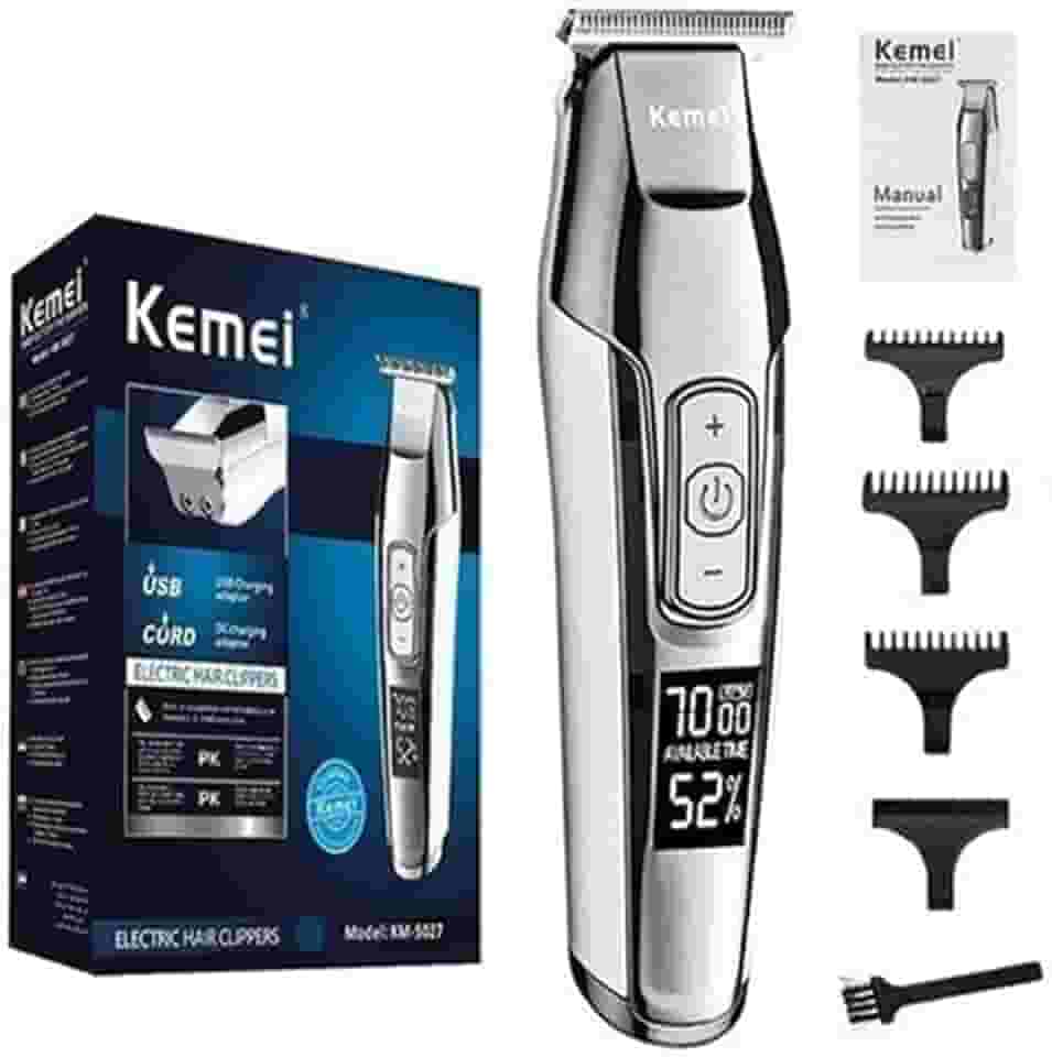 KEMEI Aparador de cabelo masculino sem fio, barbeiro, profissional, visor LCD, 0 mm, cortador de barba careca elétrico recarregável por USB Prata(XSH-5027)