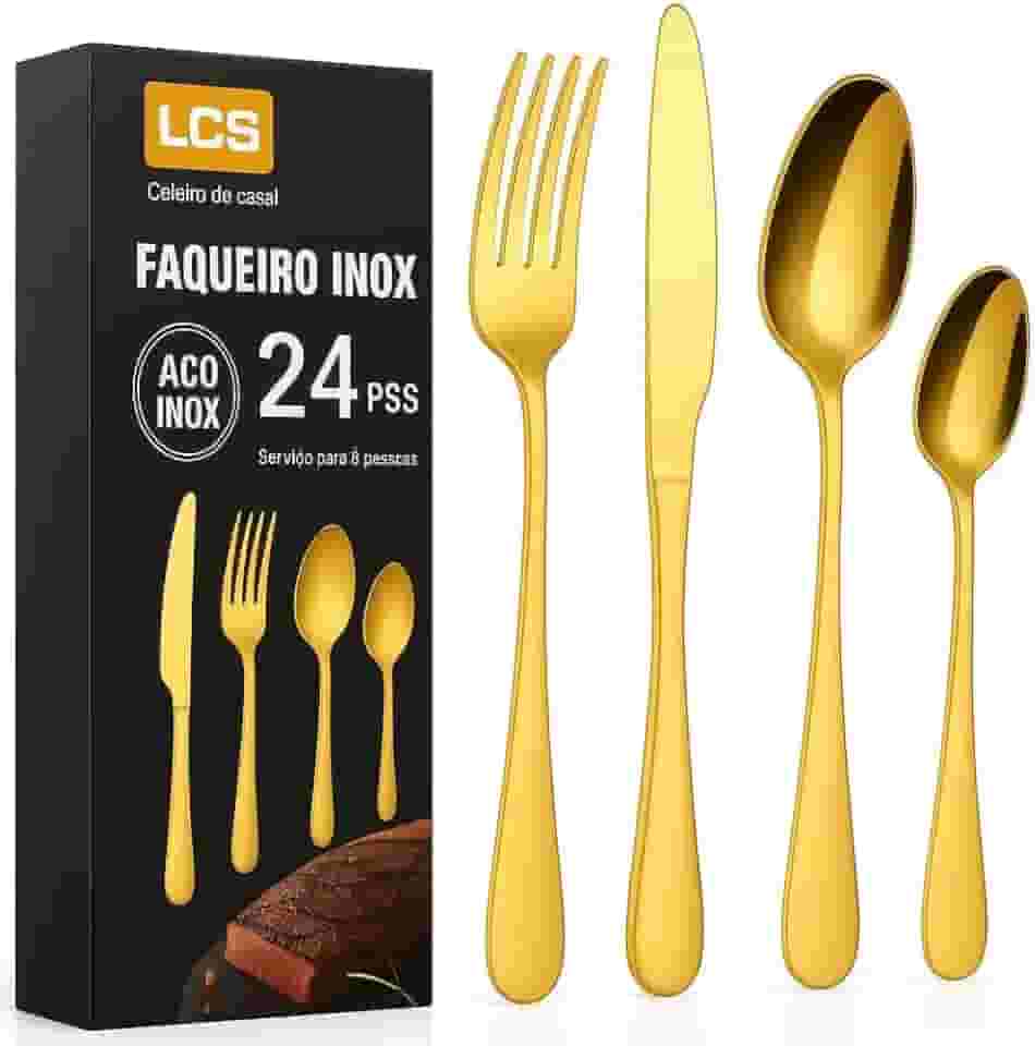 Faqueiro Inox Dourado 24 Peças Mesa Posta - Design Moderno e Elegante/Serve 6 Pessoas (DOURADO)
