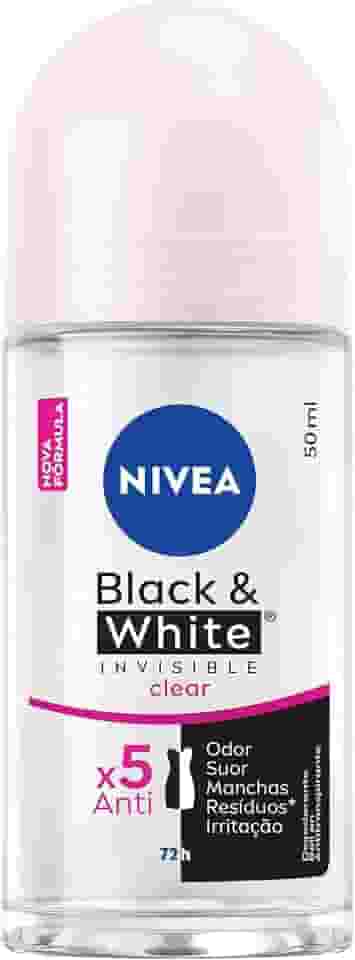 NIVEA Desodorante Antitranspirante Roll On Invisible Black & White Clear 50ml - Proteção prolongada de 48h, cuidado suave, ação antibacteriana, fórmula 5 em 1: anti-manchas, anti-odor