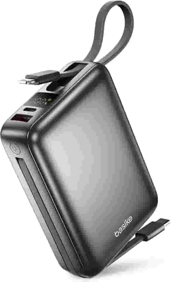 Basike Carregador Portátil, Power Bank 20000mAh com Cabos Integrados, Carregamento Rápido 22.5W(MAX), Compacto, Led Indicador de Bateria para iPhone/Samsung/Huawei/Xiaomi (Cinza)