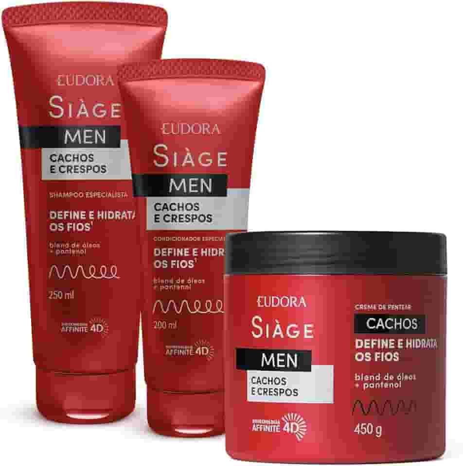 Eudora Kit Siàge Men: Condicionador Cachos e Crespos 200ml + Shampoo Cachos e Crespos 250ml + Creme para Pentear Cacheados 450g