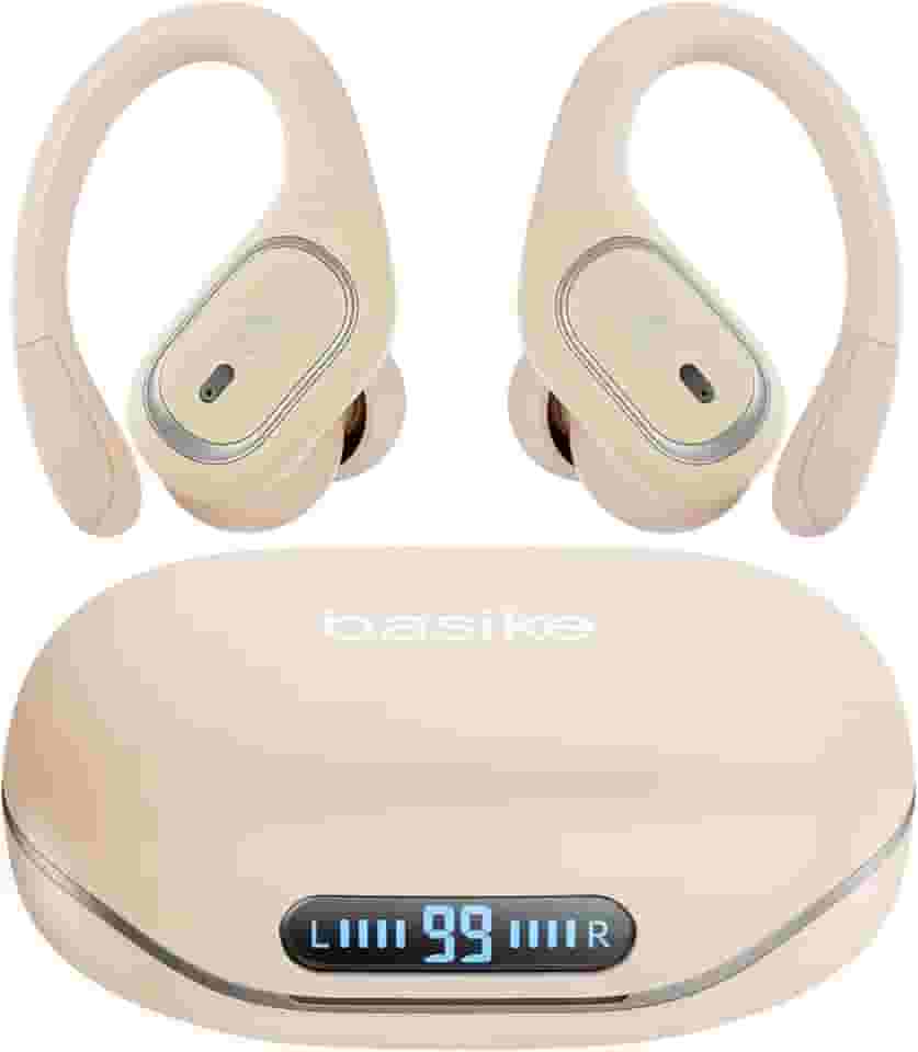 Basike Fone de Ouvido Bluetooth Esportivo TWS 6.0, Som Hi-Fi Estéreo, Intra-Auricular, IPX5 à Prova d’Água, 3 Tamanhos de Pontas para Atividades ao Ar Livre – Bege Claro