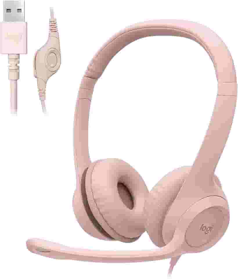 Headset com fio USB Logitech H390 com Almofadas Confortáveis, Controles de Áudio Integrado e Microfone com Redução de Ruído - Rosa