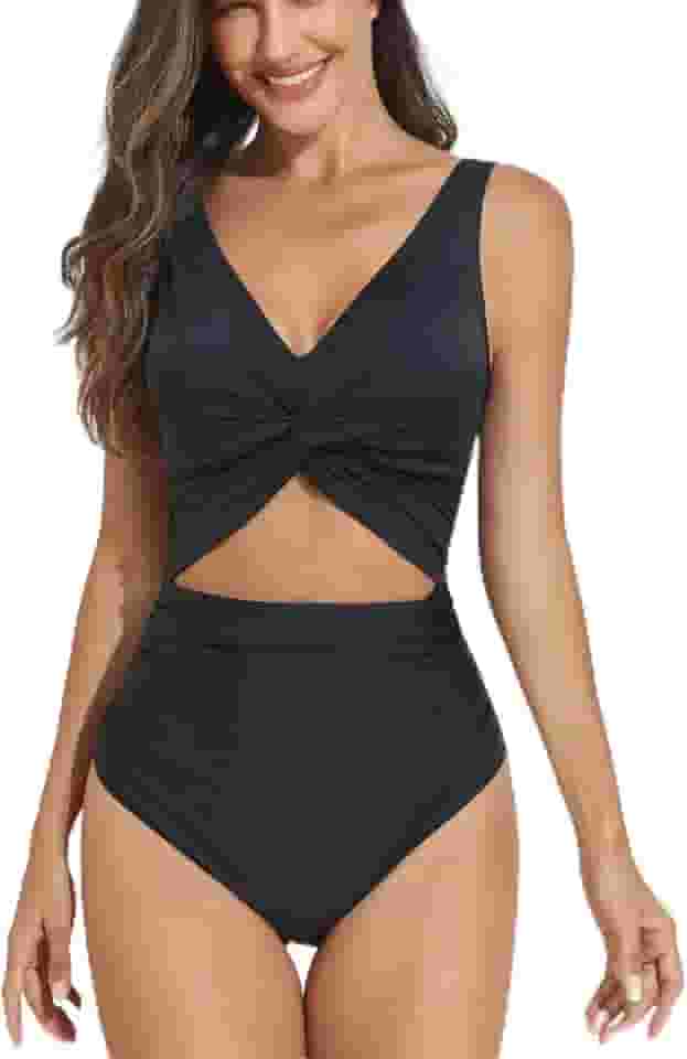 Maiô feminino com frente torcida e controle de barriga, cintura alta, gola V