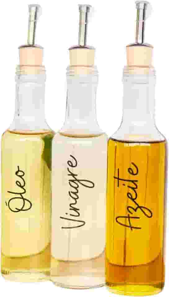 Kit 3 Galheteiros de Vidro para Azeite, Vinagre e Óleo, com Bico Dosador e Etiquetas Decorativas