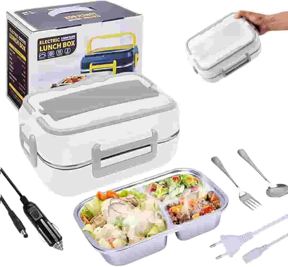 Marmita Elétrica Portátil Veicular de Aço Inoxidável Para Carro Uber Casa Lancheira Térmica 12V, 110V e 220 V (Bivolt) C/ 3 Divisórias Inox (Branco) da Marca Midas®