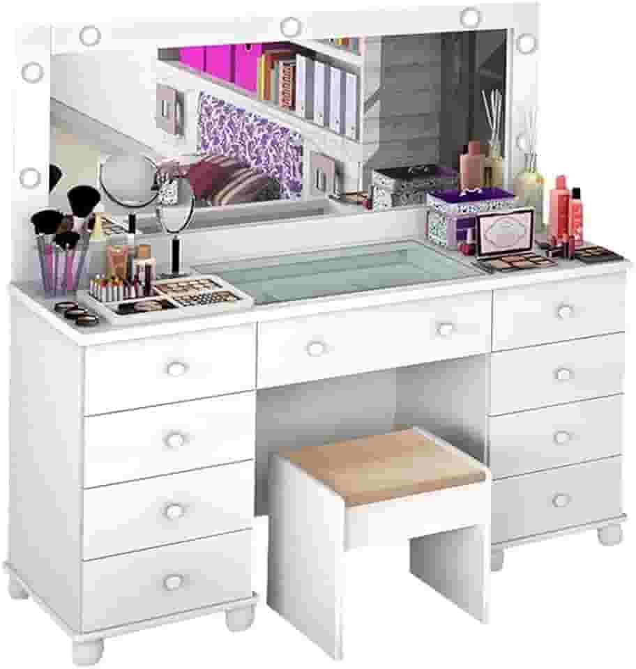 Penteadeira Com Banqueta Camarim Luxo Luz de Led Branco Acetinado