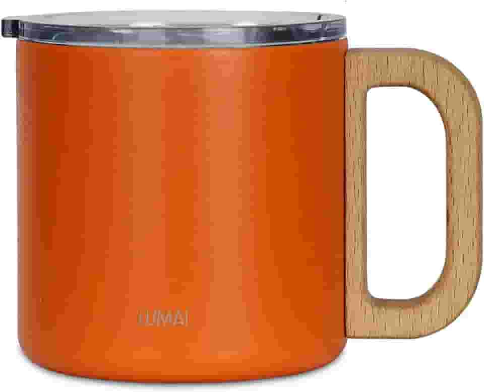 LUMAI Caneca Térmica Vietnã 350ml Aço Inoxidável, Parede Dupla Isolada a Vácuo, Mantém Bebidas Quentes ou Frias por Horas, Tampa Vedada Antivazamento, Alça de Madeira – Laranja