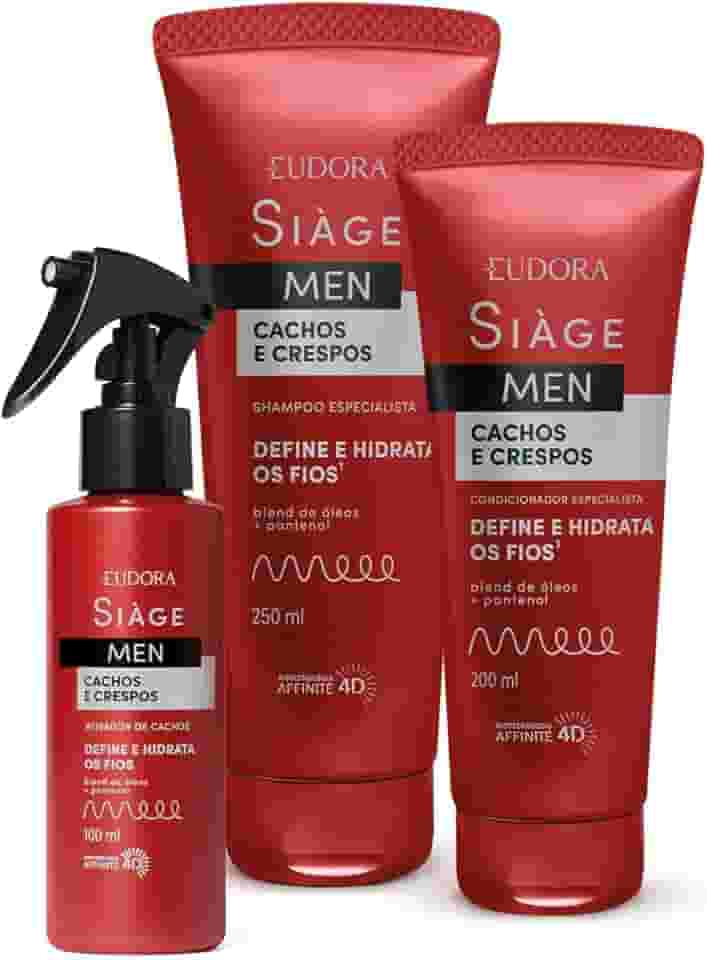 Eudora Kit Siàge Men: Condicionador Cachos e Crespos 200ml + Shampoo Cachos e Crespos 250ml + Spray Ativador Cashos 100ml