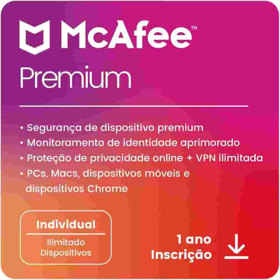 McAfee+ Premium Plano Individual | Dispositivos ilimitados | Software de segurança que inclui Antivírus, VPN segura, monitoramento de identidade, redes sociais, gerenciador de senhas | Cartão-chave