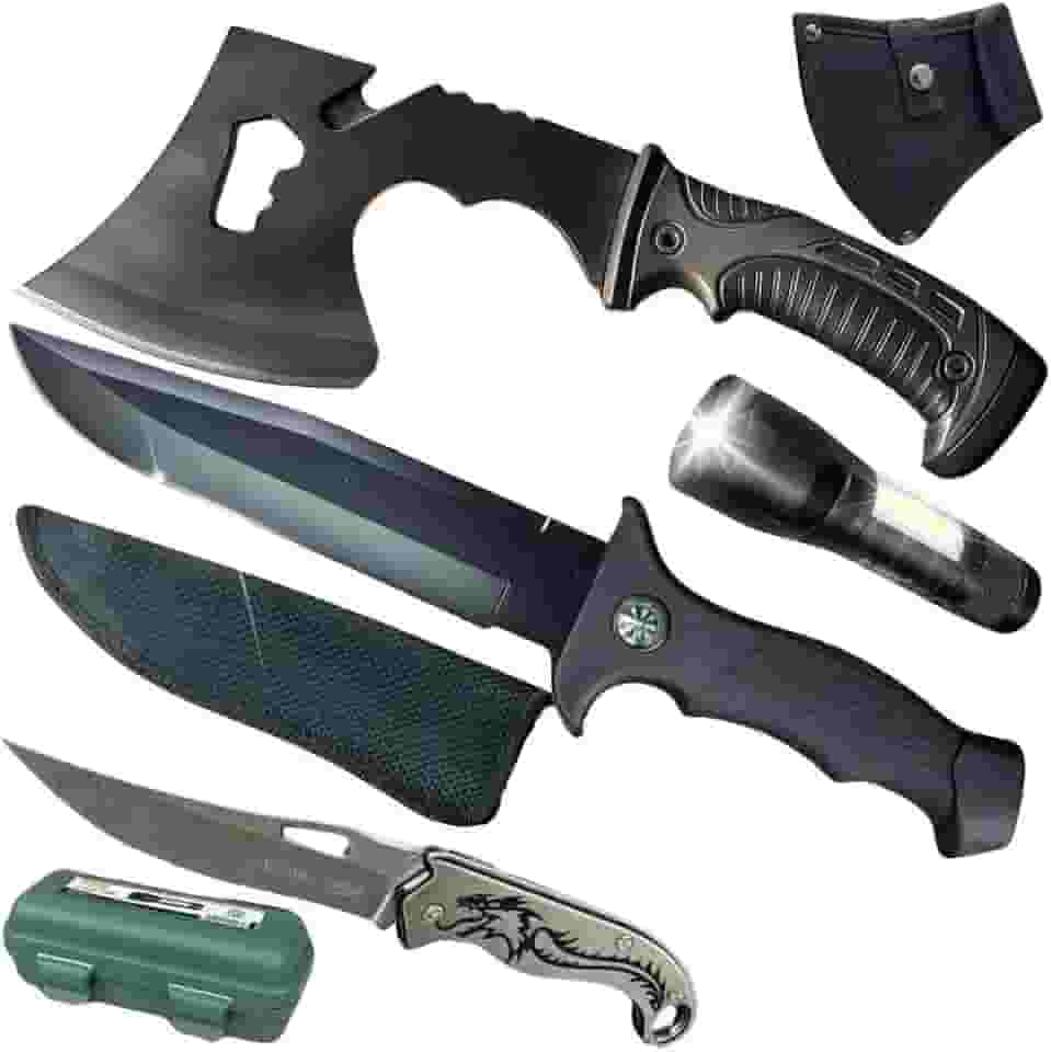 Kit Sobrevivência Tático Machado Militar Canivete Dragão Facão com Bússola Lanterna LED 100m Estojo Reforçado Aço Alta Resistência Aventura Camping Bushcraft Resgate Completo