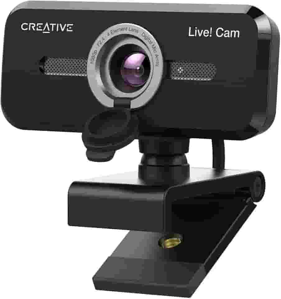 Creative Webcam Live Sync 1080p V2 Full HD USB grande angular com silenciamento automático e cancelamento de ruído para chamadas de vídeo, microfone embutido duplo melhorado, tampa de lente de