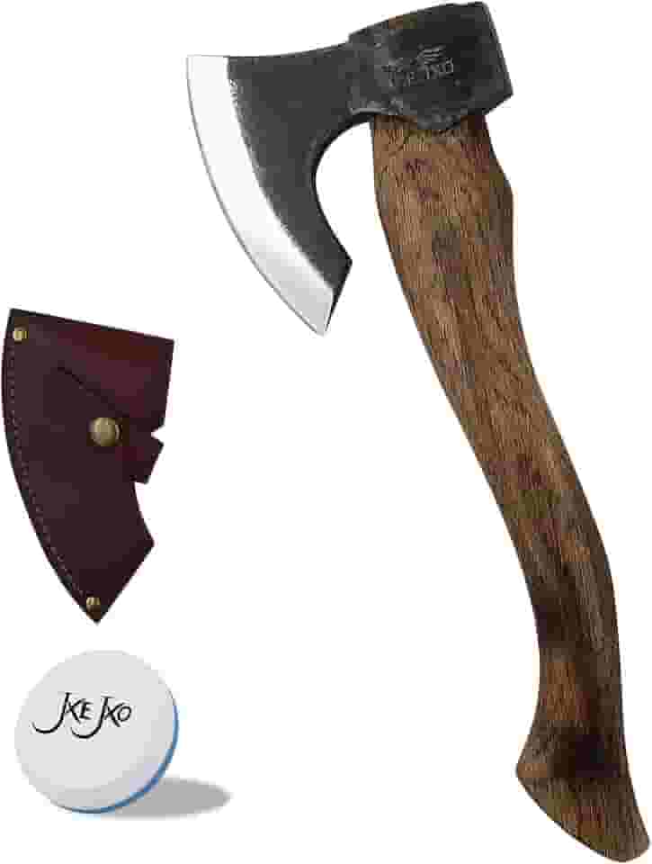 JXE JXO The Berserker - Machadinha De Acampamento - Machado Bushcraft Para Escultura Em Corte De Madeira - Machado De Mão De 15,7" Com Bainha De Couro