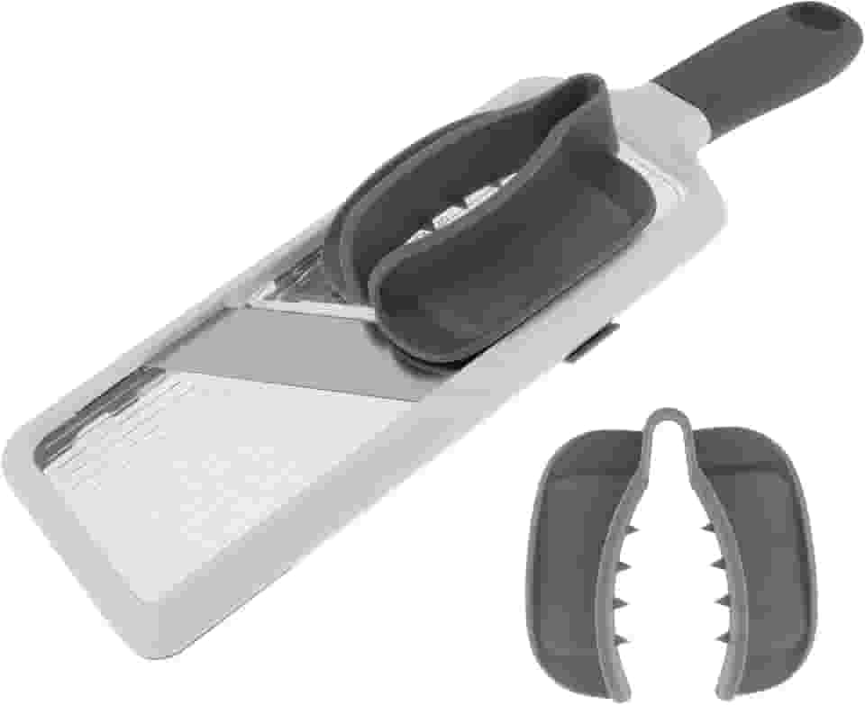 Fatiador de mandolina portátil com 2 peças de suporte de alimentos ajustável Mandoline Fatiador de alimentos confortável para cozinha apto para fatiar frutas e legumes rápido (cinza)