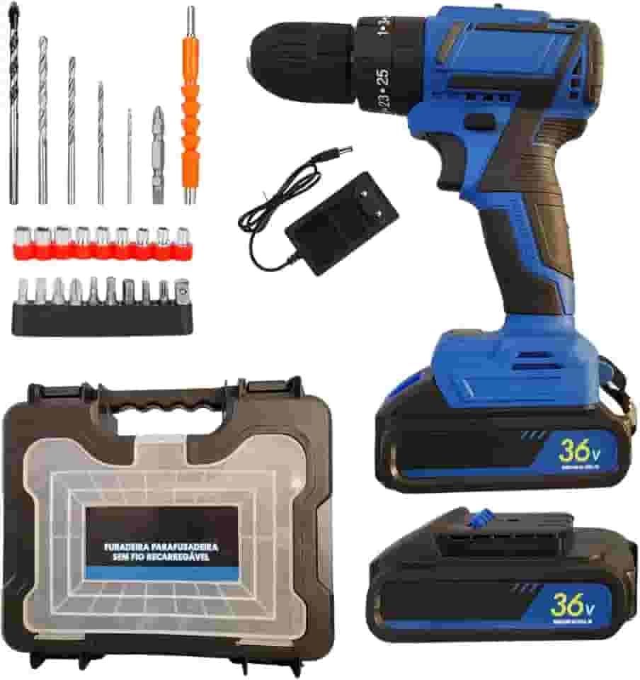 Furadeira e Parafusadeira De Impacto Com 2 Baterias 36V 2 em 1 Sem Fio Torque Ajustavel 127V/220V 10.000 Ma 340W