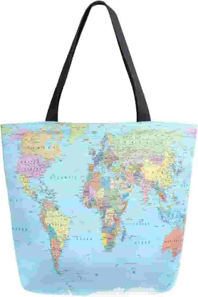Naanle Bolsa de mão de lona com mapa do mundo grande feminina, casual, bolsa de mão, mapa-múndi, reutilizável, multifuncional, resistente, para compras ao ar livre.