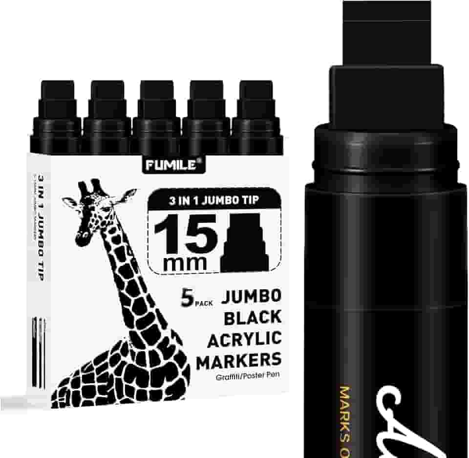 FUMILE 5 marcadores de pôster jumbo preto, marcadores de tinta acrílica grossa de ponta de 15 mm de largura, marcadores de grafite preto para pôster, vidro, pintura rupestre, cerâmica, madeira, murais