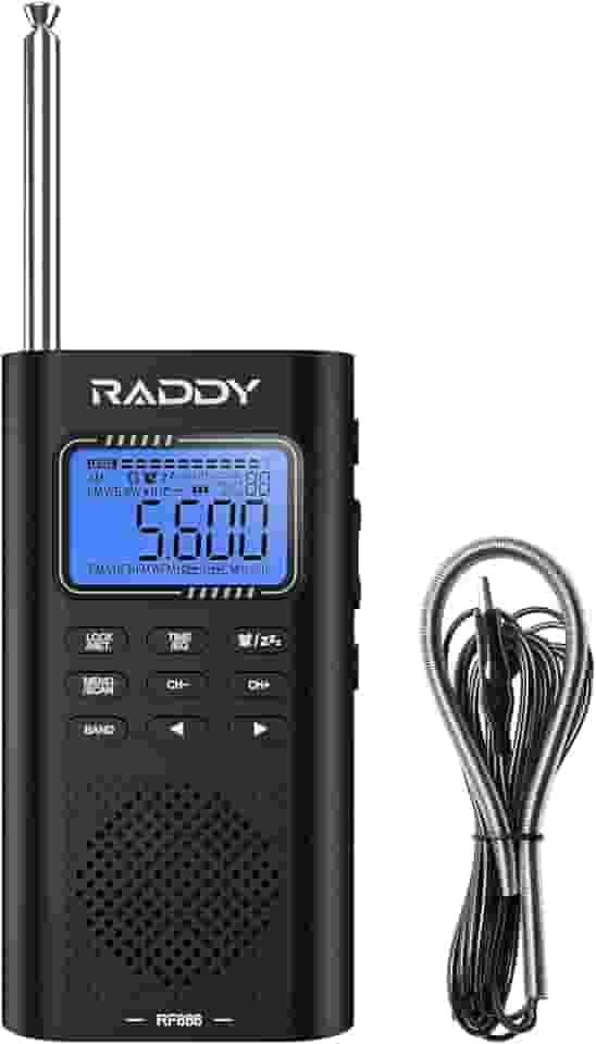 Raddy Rádio de ondas curtas portátil RF886 AM/FM/SW/VHF/WB Conexão BT com NOAA e alerta, bolso recarregável com antena de fio de 2,5 m