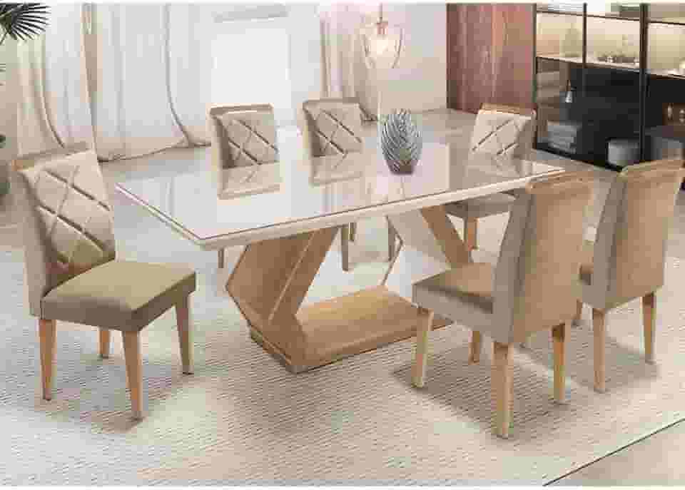 Mesa Alvorada 180 Tp Mdf Vidro canto Reto 6 Cadeiras Rufato