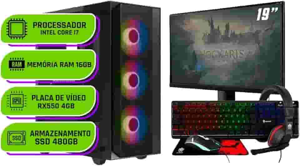 PC Gamer Completo Alligator Shop Intel i7 3770, Radeon RX 550 4GB, Memoria 16GB DDR3, SSD 480GB, Monitor 19 Polegadas