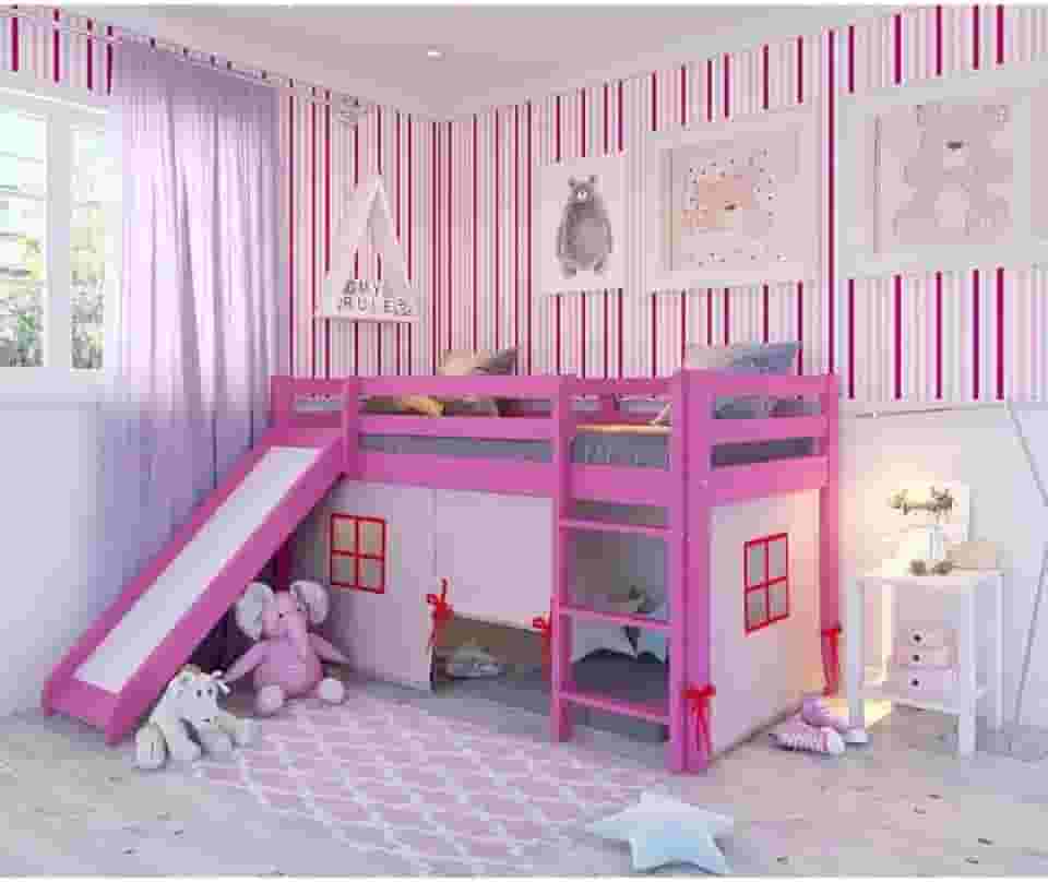 Cama Alta Kids com Escorregador e Tenda em Madeira Maciça/mdf Rosa