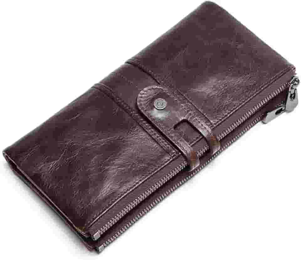 Carteira Longa de Couro Legítimo Feminina, Porta-Cartões (13 Slots), 1 Slot para Chip SIM/SD, Bolso para Celular e Dinheiro com Zíper, Porta-Moedas(Marrom) Carteira para mulher de Luxo