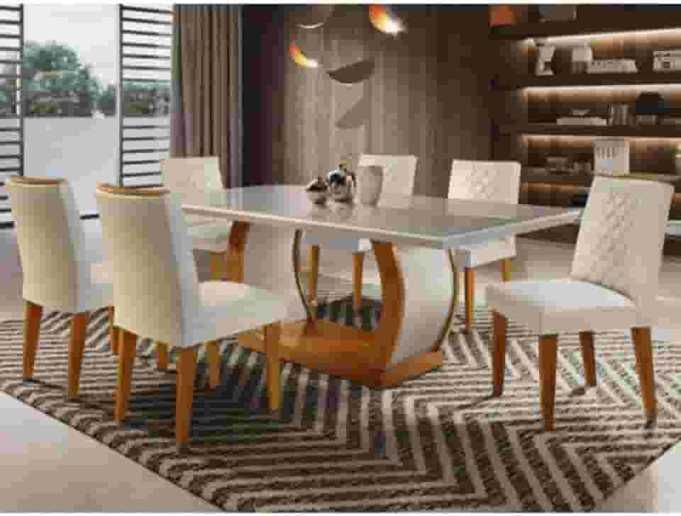 Conjunto Sala de Jantar Mesa Luanda 180x80cmtampo Vidro/mdf Canto Reto com 6 Cadeiras Luanda Rufato Off White/imbuia
