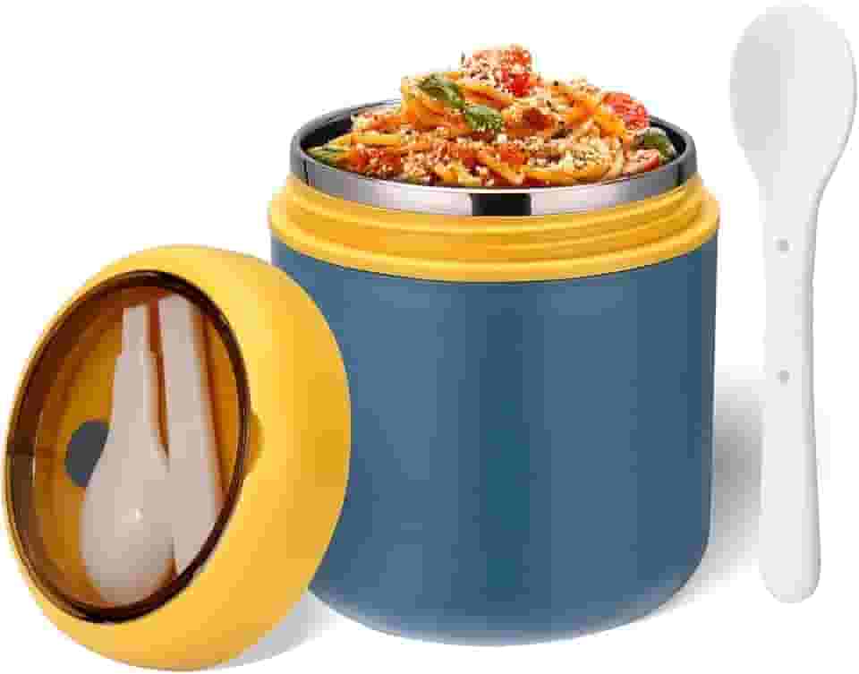 Pote Térmico Para Bebê Papinha Comida Quente Fria 530ml Aço Inox Vedado Lavável Com Talher Alça E Design Infantil Premium Para Escolas Creches Passeios Viagens (Azul)