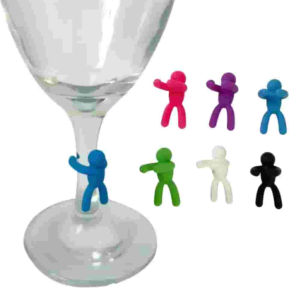 Jogo 6 Marcadores de Taça Silicone Bonequinho Identificador de Bebidas para Jantar e Festas Lavável