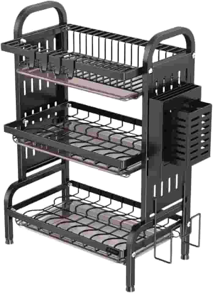 Escorredor de Louça Inox 3 Andares com Bandeja Coletora de Água e Base Antiderrapante Modular, Versátil e Antiferrugem Preto Porta-Pratos Talheres Copos Organização Casa e Cozinha Suspenso LEUZZA