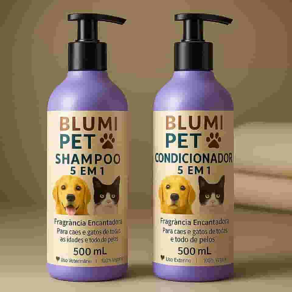 Kit Shampoo e Condicionador 5 em 1 Blumi Pet para Cães e Gatos | Limpa, Hidrata, Nutre, Desembaraça e Dá Brilho | 100% Vegano com Fragrância Encantadora – 500 mL