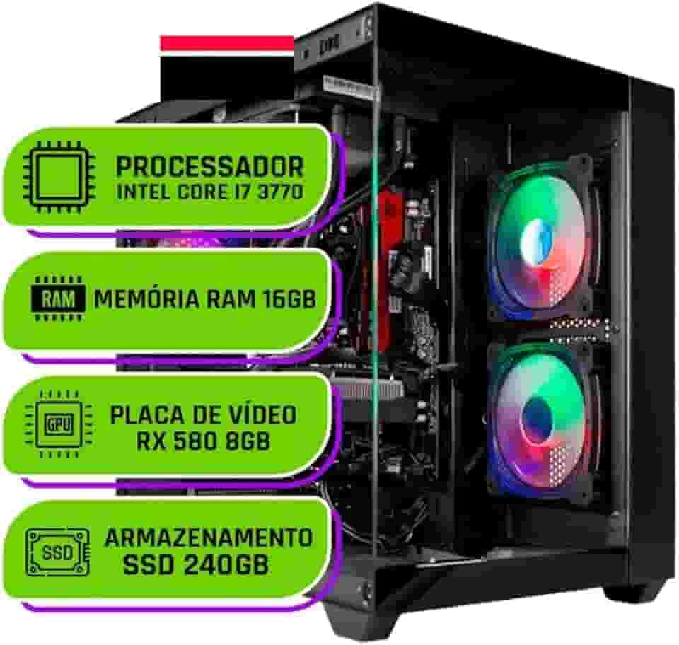PC Gamer Alligator Shop Intel Core i7 3770, Radeon RX 580 8GB, Memoria 16GB DDR3, SSD 240GB, Preto Black