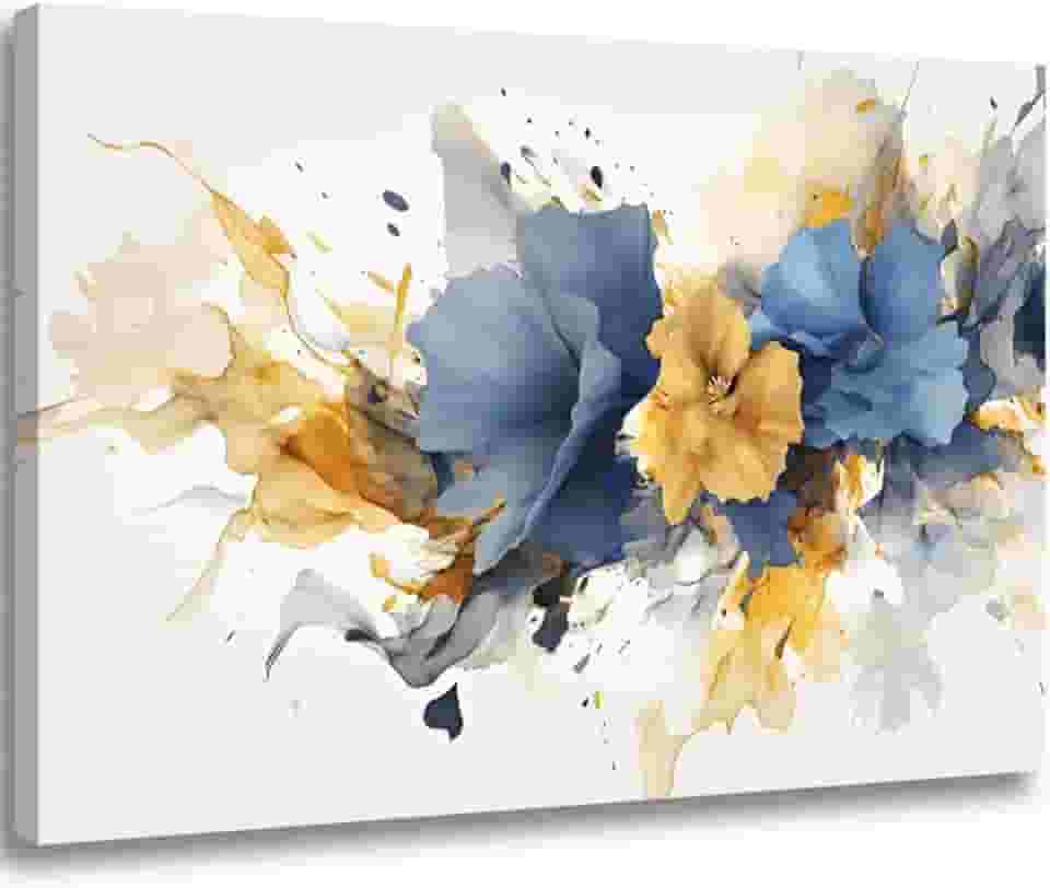 Quadro Decorativo Canvas Flores Abstratas Azul e Dourado Impressão Alta Definicao 4K