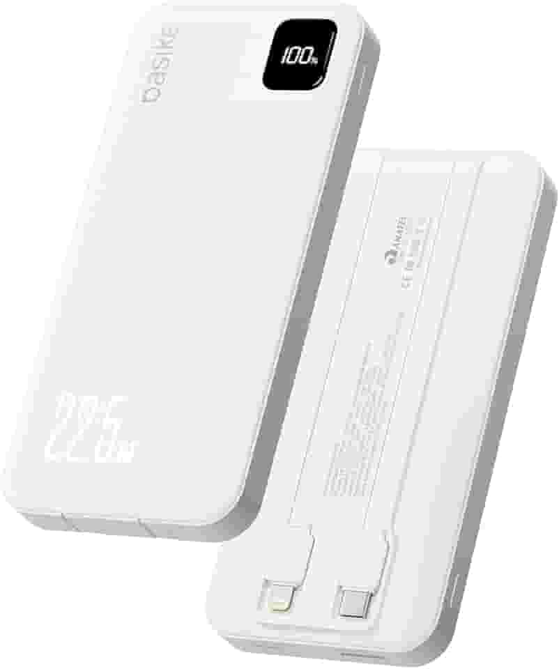 Basike Power Bank, Carregador Portátil Universal 10000mAh, USB-A(até 22.5W)+USB-C(até 20W), com 2 Cabos Integrados (USB-C, Lightning) Carregamento Rápido, Led Indicador de Bateria (Branco)