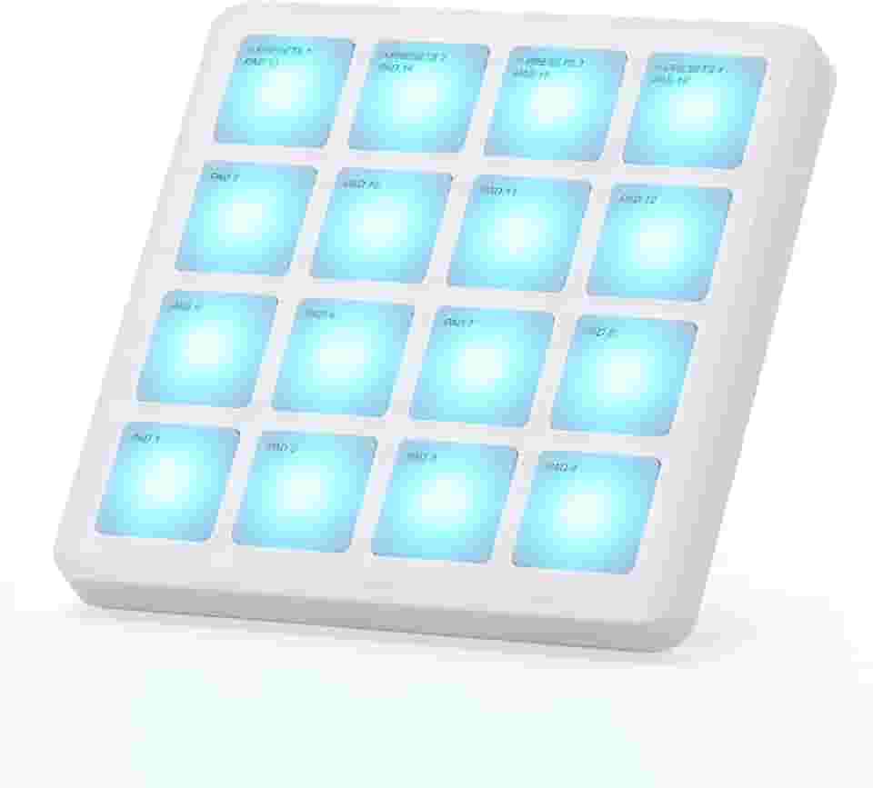 M-VAVE Pads controladores MIDI sem fio, 4,1 * 4,1 polegadas, 0,28 LBS, controlador MIDI USB portátil Bluetooth com 16 pads de bateria MPC, repetição de notas, botões nível recarregável (bolso branco)