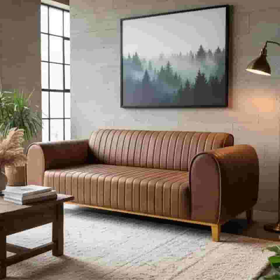 Sofá Living Átila, 2,50 Metros, Design Retrô. (Couro - Caramelo)