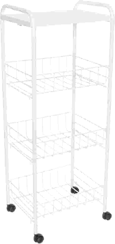 Fruteira de Chão 3 Cestos com Tampo de Madeira e Rodas, Cor Branco, Metaltru