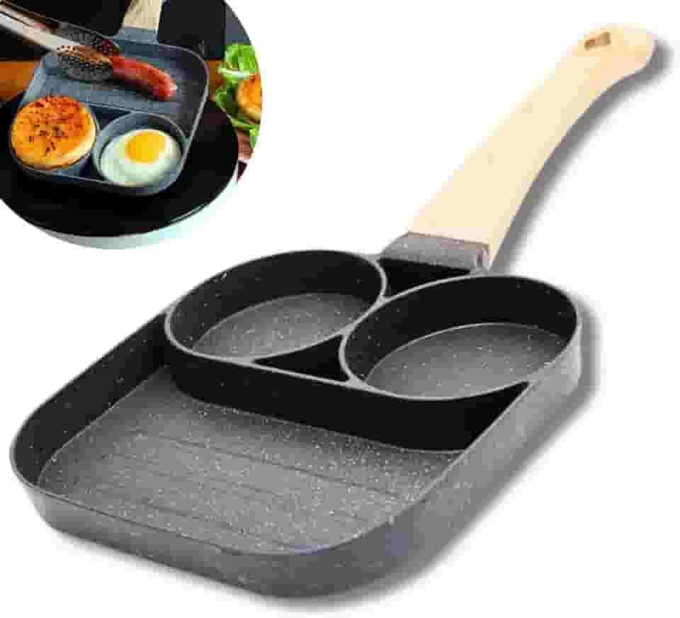 Frigideira Antiaderente Compacta com Divisórias Alumínio Resistente Panela Ovos Bacon Hambúrguer Cabo Emborrachado Madeira (3 Divisórias)