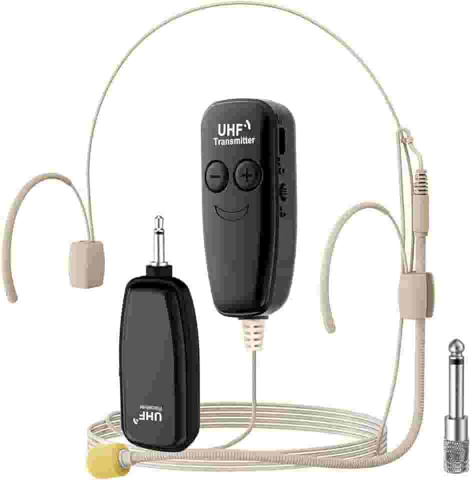 Microfone de fone de ouvido sem fio, sistema de alto-falante de microfone de cabeça de tom de pele UHF, microfones amplificadores de voz profissionais bege, com alcance de 50 metros, ideal para