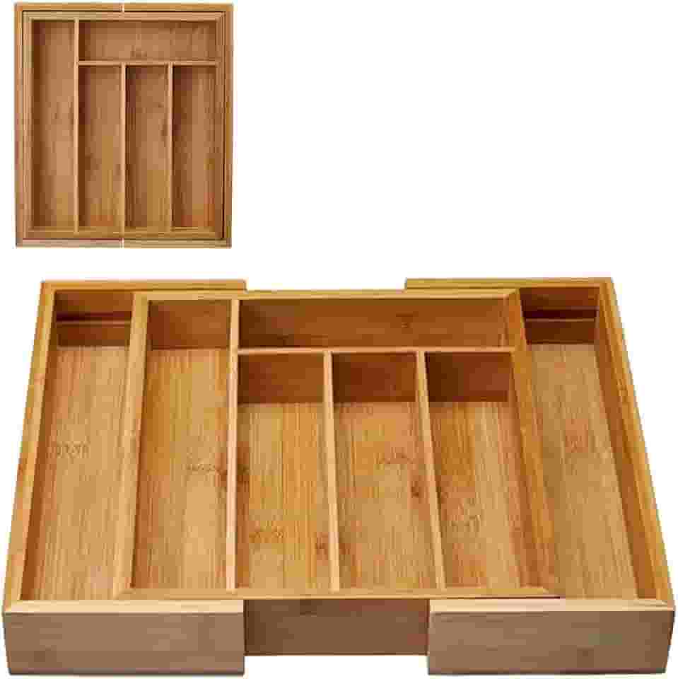 Porta Talheres Bambu Grande Extensível Ajustável Gaveta 5 Divisórias