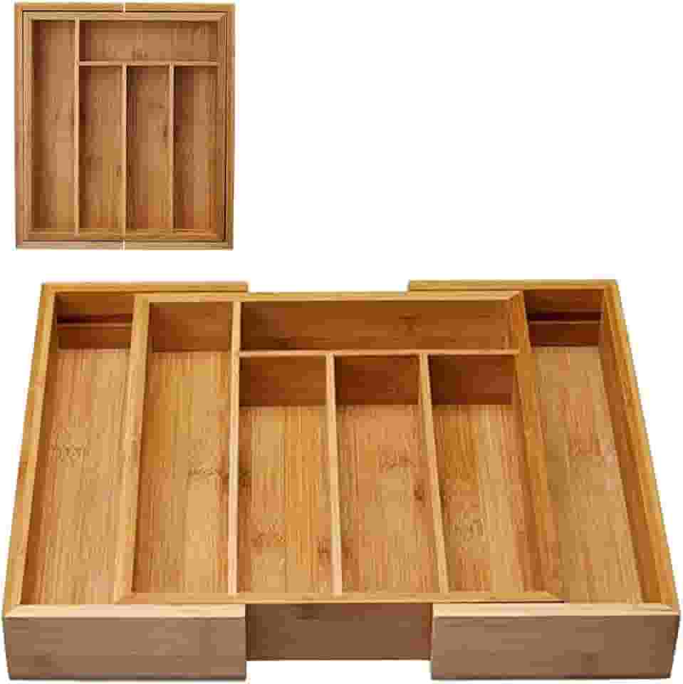 Porta Talheres Bambu Grande Extensível Ajustável Gaveta 5 Divisórias