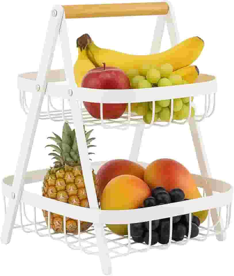 Fruteira de Mesa 2 Andares de Metal com Alça de Bambu – Cesta Organizadora de Frutas Decorativa para Cozinha e Sala