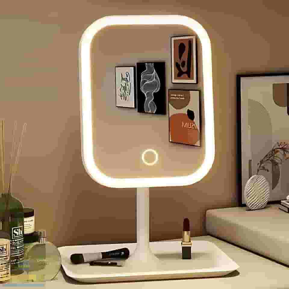 Espelho de Mesa para Maquiagem Recarregável com Luzes LED em 3 Cores Ajustáveis com Botão Touch Screen e Base Porta Objetos Jóias