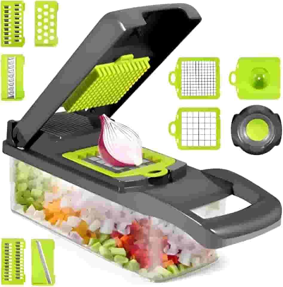 Cortador e Ralador de Legumes 12 em 1 com Lâminas Inox e Recipiente Multifuncional Profissional com Potes - Para Legumes, Frutas e Verduras etc.