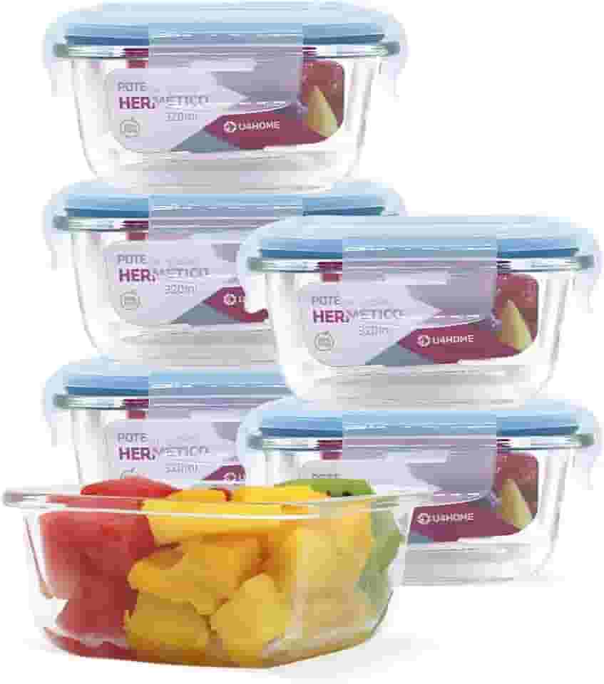 KIT 6 Potes de Vidro Quadrado com Tampa Hermética 320ml Cor:Azul (QH)